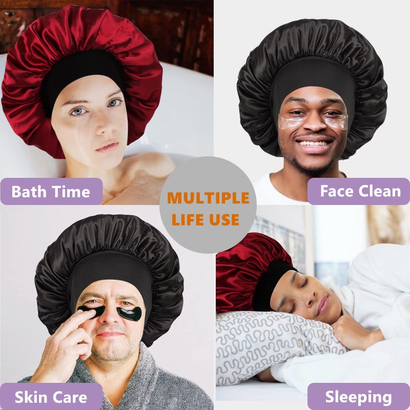 Himoswis Bonnet for Men Hair Bonnet for Sleeping Double Layer Satin Bonnets for Black Women Curly Hair Braids Reversible Sleep Cap (Large Black/Burgundy) - Image 5